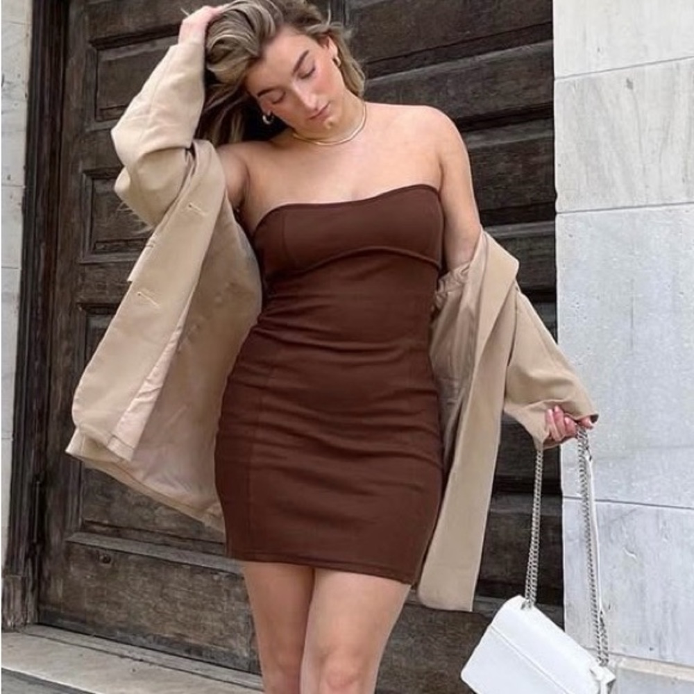 Princess Polly Ribbed Brown Strapless Dress
